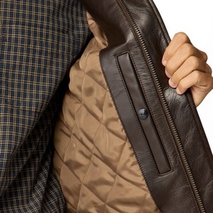 Veste slim en cuir véritable marron pour homme, col rabattu, logo sur le devant, style décontracté d'automne, coupe classique, couleur unie - Product Image 6