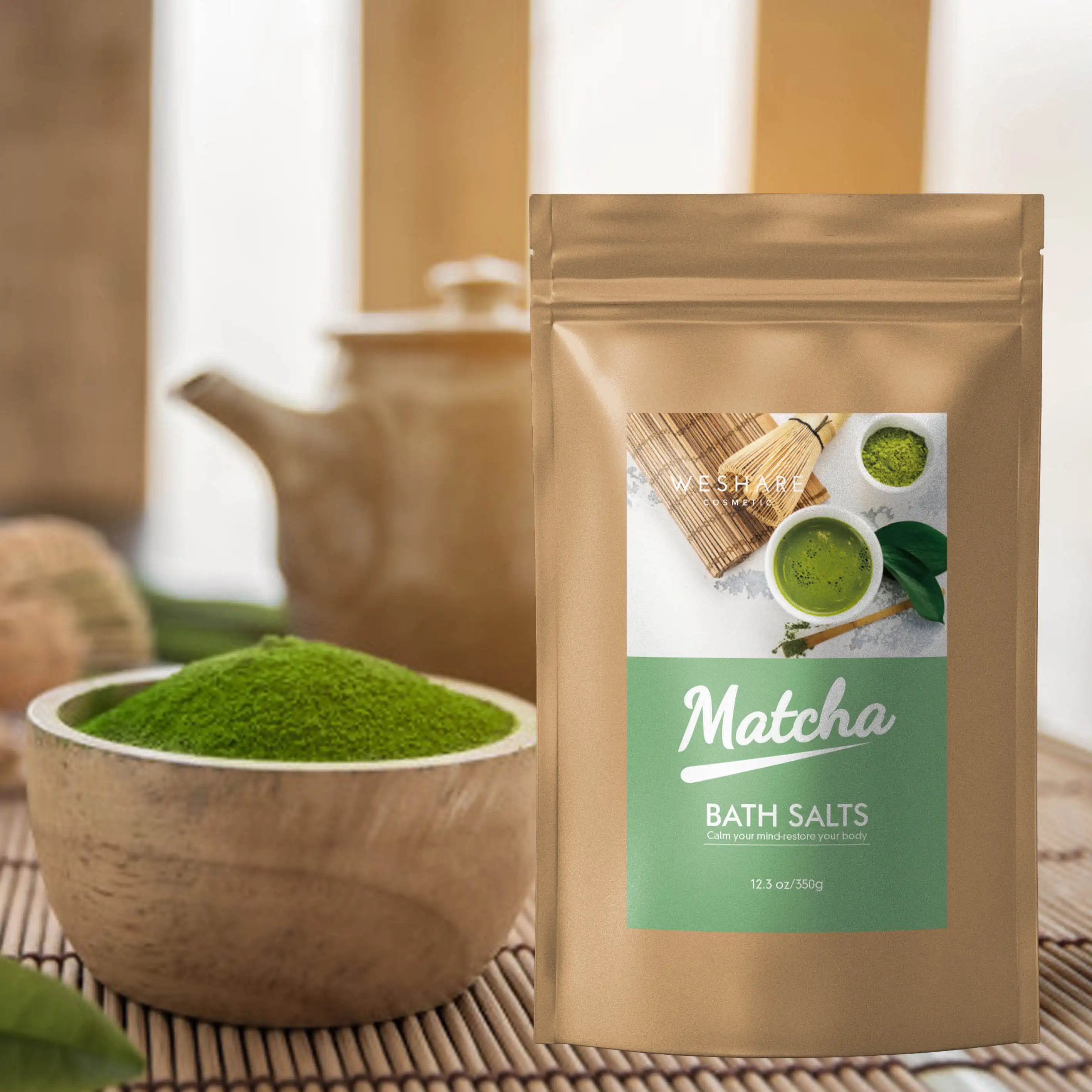 Wholesale Pure Natural Sea Salt Matcha Green Tea Purifying Aromatherapy relaxing spa salt bath salt