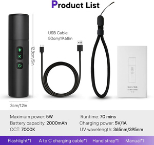 3W Aluminum Alloy <b>LED</b> UV <b>Flashlight</b> 365nm USB Type-C Rechargeable Black Light Torch Pet Urine Detector Scorpions Finder Camping - Product Image 3