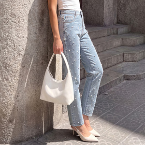 Mid-taille afslankende sexy potloodbroek Veelzijdig casual licht uitlopende parel licht gewassen denim jeans enkellange zomer dames - Product Image 4