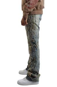 ג'ינס מתרחב לגברים, אופנת רחוב איכותית בהתאמה אישית, דגם Y2K, כחול שטוף, עם קישוטי ניטים וטלאים, מבד דנים כותנה. - Product Image 2