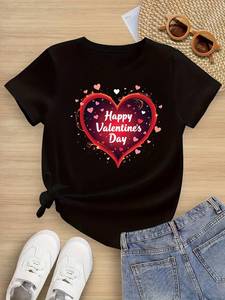 T-shirt da donna per San Valentino, manica corta, girocollo, stampa a cuore, top casual, 100% cotone, lavabile in lavatrice, per tutte le stagioni - Product Image 3