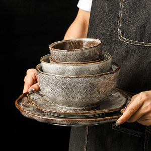 Japanese Style Vintage Dinnerware <b>Set</b> Stone Pattern Plates Salad Bowls Old Fashioned Coarse Pottery Unique Creative Pasta Bowls - Product Image 2
