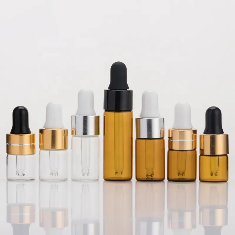 Wholesale small sample vials 1ml 2ml 3ml clear and amber dropper glass bottle with gold dropper white top