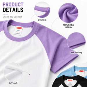 T-shirt Raglan Unisexe 100% Coton avec Logo Personnalisé, Bicolore, Style Baseball, Vente en Gros, Plusieurs Couleurs, Tailles S-4XL, Violet Clair - Product Image 4