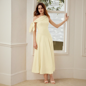 Robe décontractée unie <span class=keywords><strong>chic</strong></span> pour <span class=keywords><strong>femme</strong></span>, jaune pâle, col montant, avec détail nœud, jupe fluide, respirante, écologique, moulante, pour soirée - Product Image 3