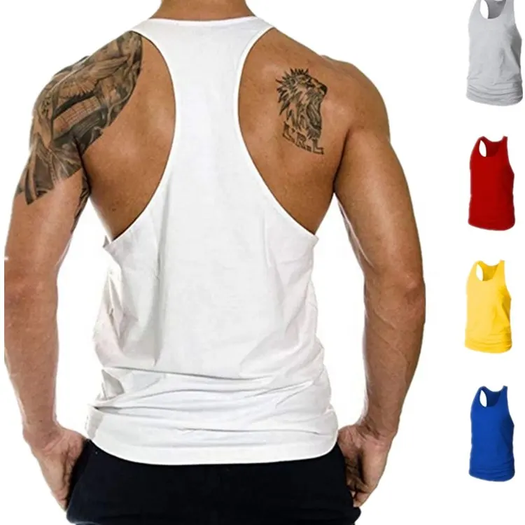 Grosir Kaus Tanpa Lengan 100% Katun Stringer Logo Oem Polos Polos Olahraga Olahraga Pria Gym Tank Top Singlet Rompi