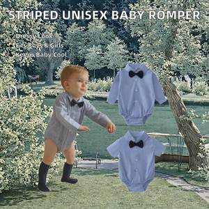 Combinaison unisexe formelle à manches courtes rayée respirante en polyester/coton avec col bleu boutonné pour nouveau-né, nourrisson et tout-petit - Product Image 2