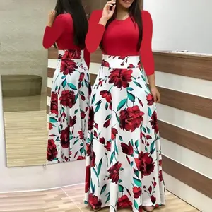 PASUXI New Fashion Women Summer Skirts Floral Printed High Waist Ladies Floral Maxi Dress Casual Party Dresses Women