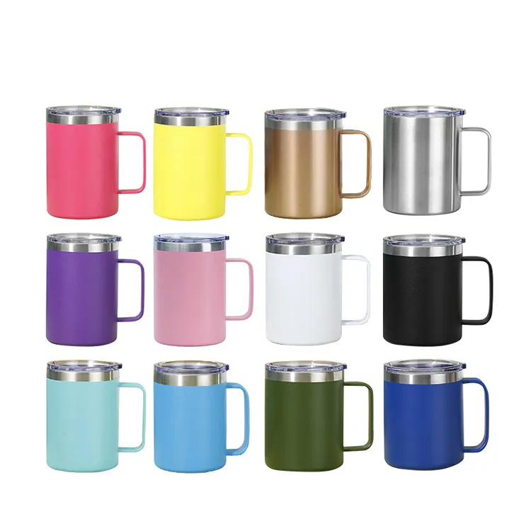 Revêtement en poudre de 12 oz avec logo personnalisé tasses en acier inoxydable isolées sous vide à double paroi tasse à café de voyage avec poignée