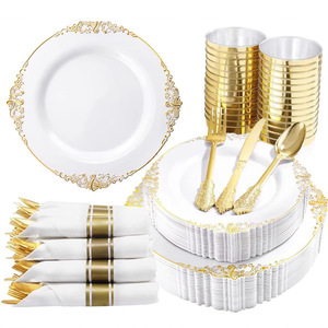 <span class=keywords><strong>Vajilla</strong></span> Desechable Personalizada de 7 Piezas, Irrompible, Libre de BPA, con Relieve Dorado, Decorativa para Bodas y Fiestas - Product Image 1