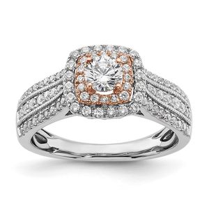 Anillo de compromiso y boda de lujo para mujer, de oro blanco de 14K, con diamante redondo, doble halo, pavé y tallo ancho dividido. - Product Image 2