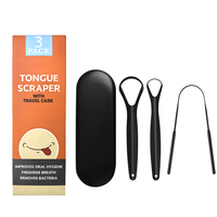 Ensemble noir de 3 pièces boîte de couleur métal acier inoxydable grattoir à langue nettoyage enlever la mauvaise haleine outil avec boîte de voyage