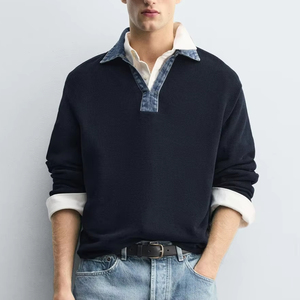 <span class=keywords><strong>Pull</strong></span> en maille mélangée pour homme, col polo en denim <span class=keywords><strong>bleu</strong></span> <span class=keywords><strong>marine</strong></span>, avec col Johnny en véritable denim et patte de boutonnage Henley, coupe <span class=keywords><strong>oversize</strong></span> - Product Image 1