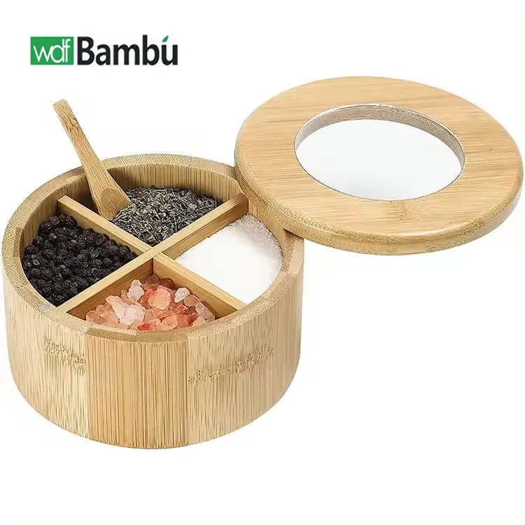 Custom 4 Compartments Round Spice Jar Wood Salt Cellar Bamboo Salt Box with Swivel Magnetic Lid and Spoon