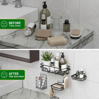 Ensemble d'étagères de salle de bain adhésives en acier inoxydable 5 pièces - Porte-savon sans perçage, crochets, panier de douche - Organisateur de salle de bain antirouille