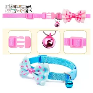 Elegant Blue Cat Collar with Polka Dot Bow and <b>Bell</b>, Polyester Material, Buckle Closure, <b>Small</b> Size, All Seasons, for Cats - Product Image 1