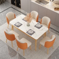 Ensemble de table à manger en pierre frittée effet marbre, rectangulaire, 6 places, chaises tubulaires, pieds en bois effilés, meubles de salle à manger pour la maison