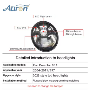 Auron ไฟหน้าชิป LED 12V 6000K 36W 6000 Lumens X3 360องศาใหม่สำหรับ911 2004-2012 997.1 retrofit - Product Image 2