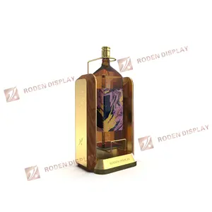Luxury Metal Whisky Stand Bottle Display Stand Brush Gold And Wood Pattern Wine Retail Display
