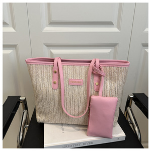 Sac à main tressé tendance été 2026 KH avec <span class=keywords><strong>pochette</strong></span> assortie, sac de plage <span class=keywords><strong>chic</strong></span> <span class=keywords><strong>en</strong></span> <span class=keywords><strong>paille</strong></span>, grand sac à bandoulière de grande capacité avec garniture <span class=keywords><strong>en</strong></span> PU - Product Image 3