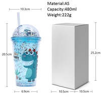 Gourde à paille pour enfants 480 ml motif dinosaure - Sûre pour l'eau bouillante avec couvercle et en plastique écologique, compatible lave-vaisselle - Idéale pour la rentrée scolaire