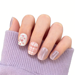 <span class=keywords><strong>Uñas</strong></span> Postizas de Color Rosa Claro con Purpurina Fina, Diseño de Ojo de Gato, Flores Rosas y Hojas <span class=keywords><strong>Verdes</strong></span>, <span class=keywords><strong>Uñas</strong></span> <span class=keywords><strong>Cortas</strong></span> Cuadradas con Diseño de Cuadros Cruzados en Rosa Claro y Blanco - Product Image 1