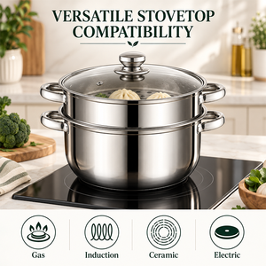 Olla Vaporera de Dos Niveles de Acero Inoxidable con Tapa de Vidrio y Asas Laterales para Cocinar en Casa - Product Image 4