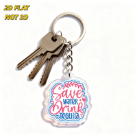 Porte-clés en acrylique imprimé UV, motif 'Économisez l'eau, buvez de la tequila', citation amusante pour fête, design verre à vin et feuille, breloque de bar humoristique, pendentif transparent