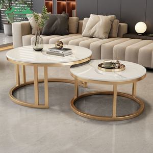 طاولات قهوة معدنية دائرية حديثة من وايون، مجموعة من قطعتين بسطح رخامي أبيض وحواف ذهبية لغرفة المعيشة - Product Image 2