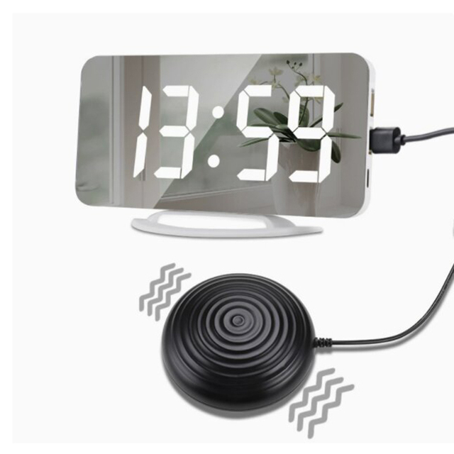 Modern Digital LED Mirror Display Vibrating Alarm Clock with Pillow Bed Shaker Designed for Hard of Hearing People
