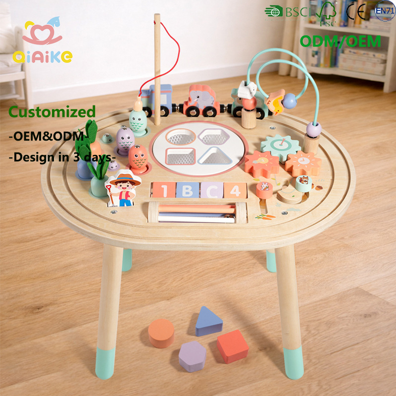 Qiaike Wooden 10-in-1 Montessori Sensory Play Baby Busy Table Bead Maze Shape Sorter Fishing Game Activity Table Toddlers 1-3
