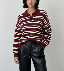 <strong>Ladies</strong> Lapel Button Striped Knit Pullover Women <strong>Polo</strong> <strong>Neck</strong> Long Sleeve <strong>Jumper</strong> - Product Image 3