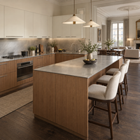 Armoires de cuisine modernes sur mesure en acier inoxydable 304 avec portes à panneaux plats et îlot, plan de travail résistant aux rayures pour villas côtières