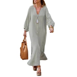 Vestido Camisero Maxi de Algodón y Lino para Mujer, Cuello en V, Abotonado, Corte Holgado Informal, Vestido de Verano - Product Image 5