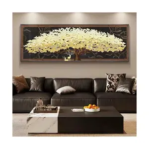 2024 Modern Chinese Golden Money Tree Landscape painting Feng shui Canvas with frame crystal porcelain painting for living room