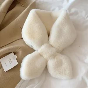 Premium Winter Korean Chic Solid Crossed Fluffy Faux Rex Rabbit Fur Neck Gaiter Snood Scarves for Women Bow Tie