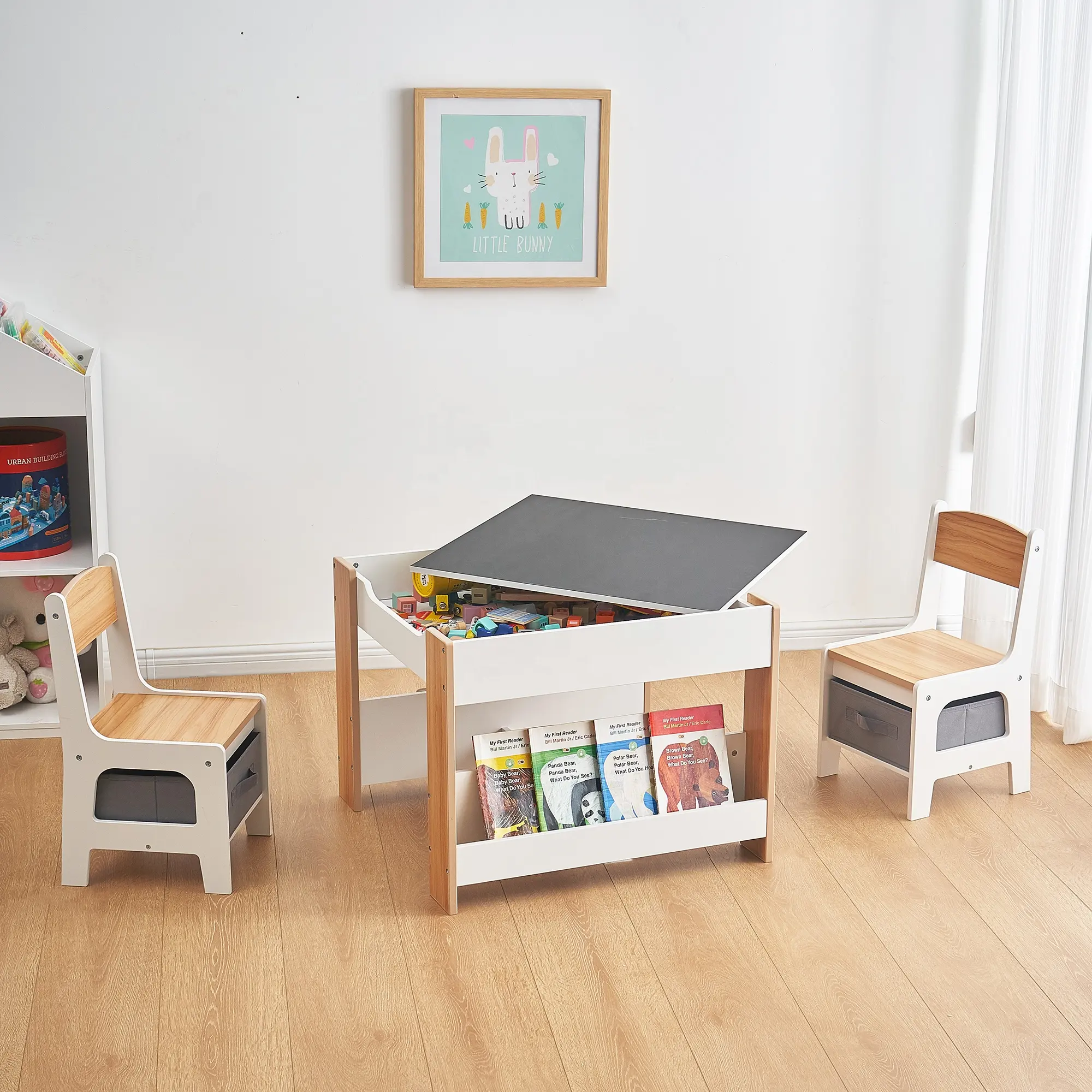 木製の子供用テーブルチェア幼児用テーブルと椅子セットデスクと椅子セット収納引き出し取り外し可能な卓上