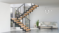 Escalier personnalisé durable et moderne en acier et bois, tube carré, avec rampe antidérapante en métal et verre, pour hôtel intérieur