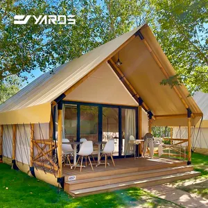 กลางแจ้งโรงแรมหรูหรา Living Resort บ้านที่กําหนดเองไม้ผ้าใบ Lodge Glamping Hut พร้อมห้องน้ําเต็นท์ซาฟารีโลจ