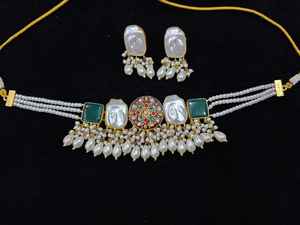 Traditional Kundan Pearl Choker Necklace <b>Set</b> with <b>Green</b> Beads - Gold Plated Bridal <b>Jewellery</b> for Weddings & Festivals - Product Image 2