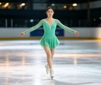 Robe de patinage artistique vert menthe à col en V et manches longues, avec découpe ovale et dos ouvert, pour filles adultes, compétition et performance