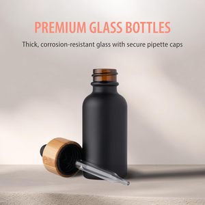 10ml-200ml Frosted Black Glass Dropper Essential <b>Oil</b> <b>Bottles</b> with Bamboo Cap Screen Printed - Product Image 2