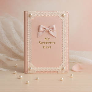 Cuaderno A5 con Lazo de Encaje, Decoración de Perlas y Detalles en Dorado, Color Rosa Dulce, para Niñas y Regalos - Product Image 1