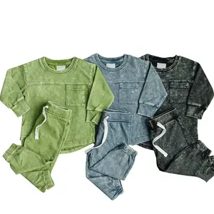 Custom Baby Gewassen Vintage Kleur Kids Jogger Kleding Set Met Lange Mouwen 100% Katoenen Pak