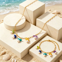 Parure de bijoux de luxe léger en acier inoxydable avec pierres naturelles colorées et perles d'imitation, collier et bracelet pour femme, style décontracté