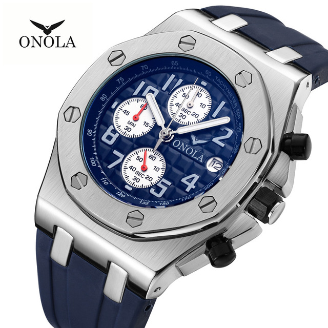ONOLA 6805 Branded Blue Man Quartz Watch Stylish Silicone Band 3 Dials Chronograph Calender Popular In Stock Sports Wrist Watch