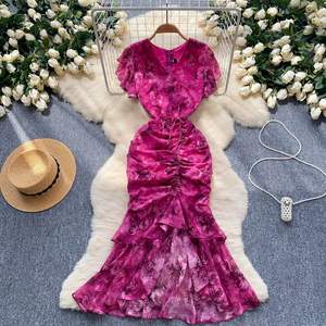 Nueva Falda Larga de Verano 2026 para Mujer, Estilo Francés, con Mangas Abullonadas, Estampado Floral, Asimétrica, Corte de Cola de Pez - Product Image 6