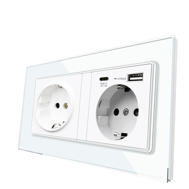Dual Replaceable Euro Standard Wall Socket with Two Usb Port Type a Type c Port 2 Outlets 16A 250V Wall Panel Mount Socket