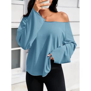 Tunique pour femme à épaules dénudées, manches longues, légère, coupe oversize, bleue, asymétrique, en jersey respirant - Product Image 3